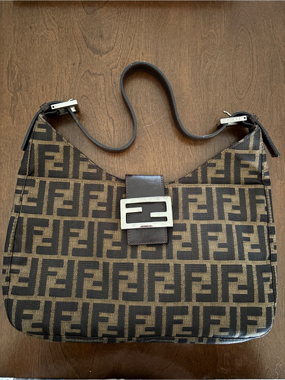 Fendi Black and Brown FF Logo Shoulder Baguette